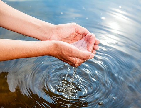 Image of hands scooping clean water from a stream
